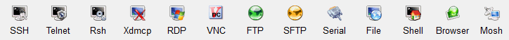 MobaXterm protocol icon row for SSH Telnet XDMCP RDP VNC FTP SFTP Serial and Mosh