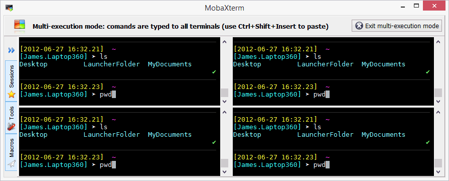 MobaXterm multi-execution mode with four local terminals receiving the same commands