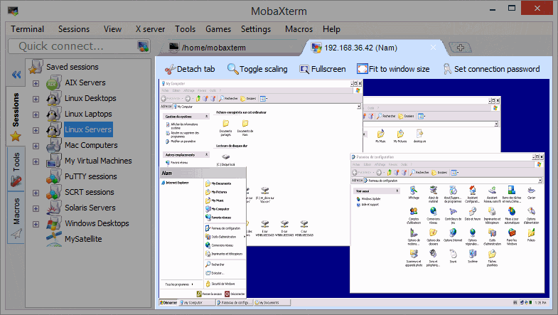 MobaXterm RDP tab showing a remote Windows desktop with detach and fullscreen controls
