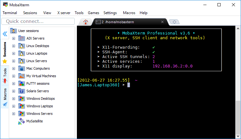 MobaXterm session tree and home tab listing X11-forwarding, SSH-agent and active tunnels