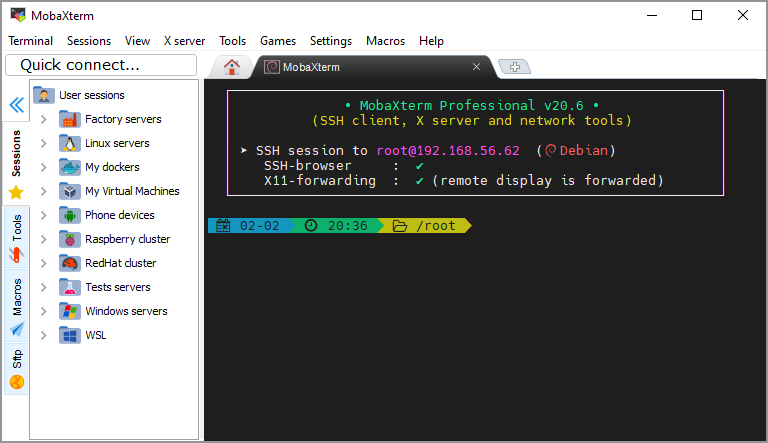 MobaXterm terminal with session tree and X11-forwarding status