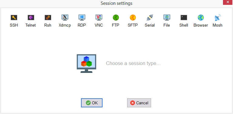 Session settings listing SSH RDP VNC FTP SFTP Serial and Mosh